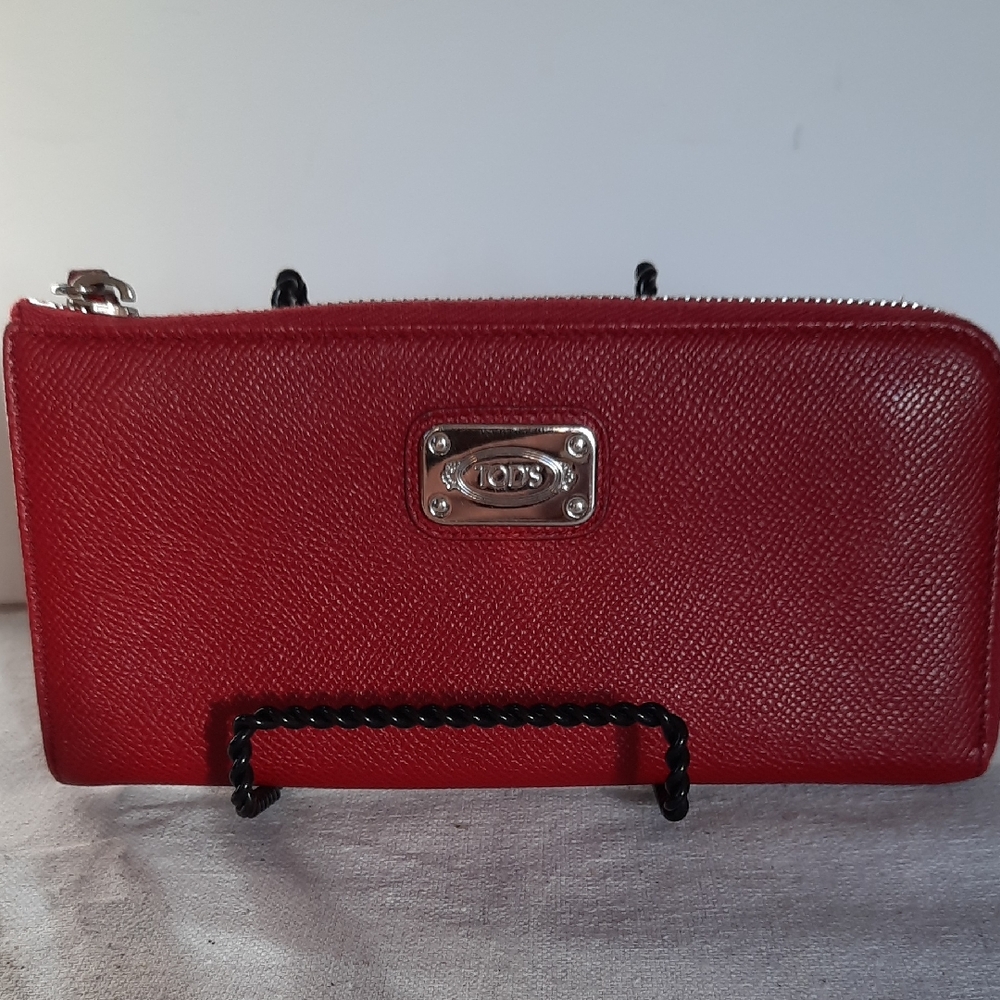 Tod's Red Wallet with Silver Hardware
